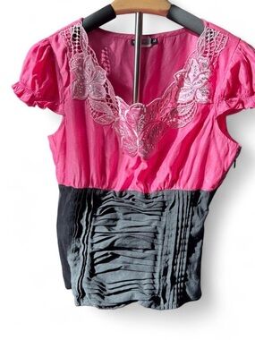 Hot Pink & Black V-Neck Embellished Blouse